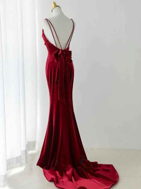 Wine red shoulder strap low back mermaid long party dress, wine red butterfly dew back and ground evening gown