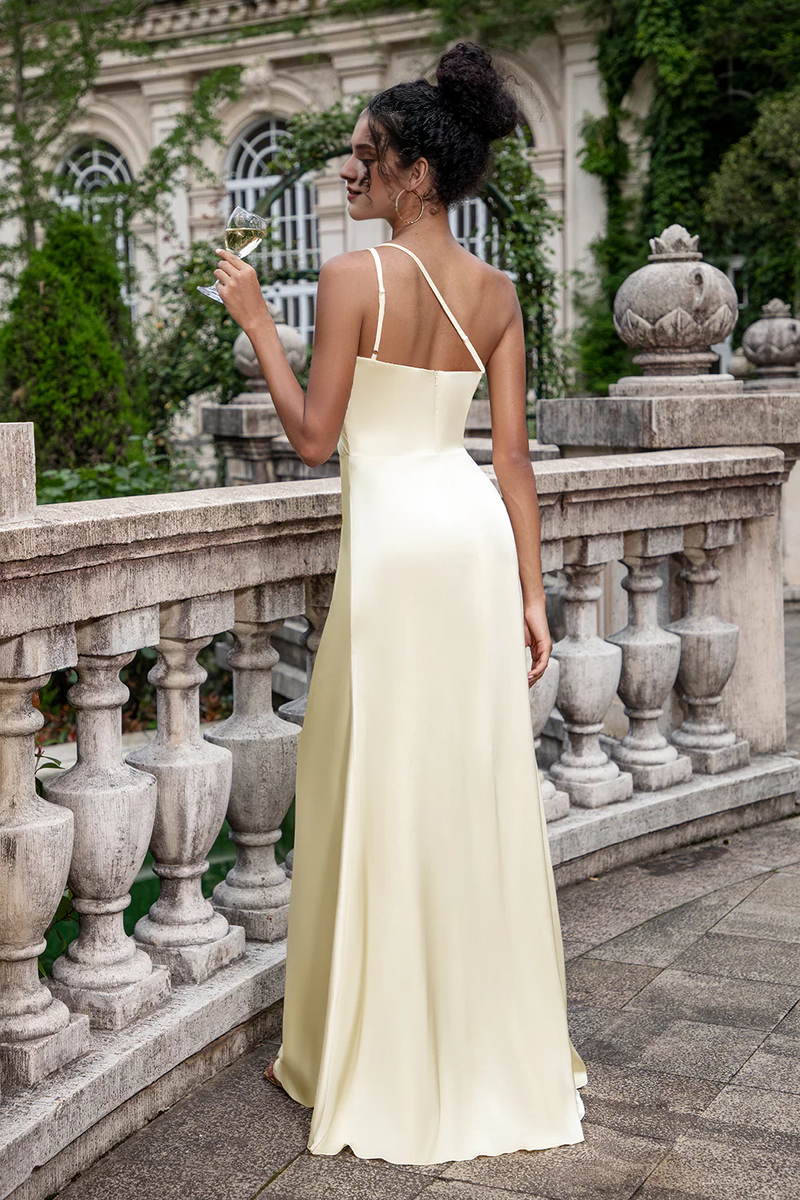 Slim fit one shoulder pleated champagne slit bridesmaid dress – YiDiBang Dresses
