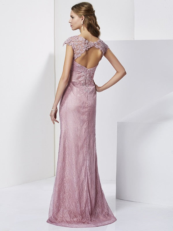 Sheath/Column High Neck Short Sleeves Lace Long Woven Satin Mother of the Bride Dresses