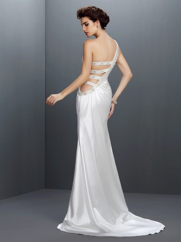 Trumpet/Mermaid One-Shoulder Beading Sleeveless Long Woven Satin Dresses
