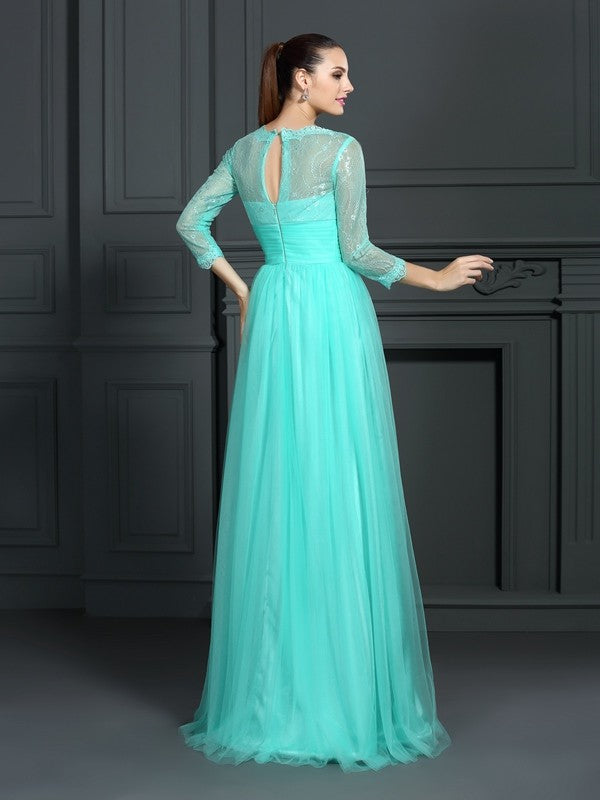 A-Line/Princess Bateau Lace 3/4 Sleeves Long Woven Satin Dresses