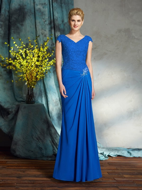 Etui-Linie V-Ausschnitt Spitze Kurze Ärmel Lang Chiffon Brautmutterkleider