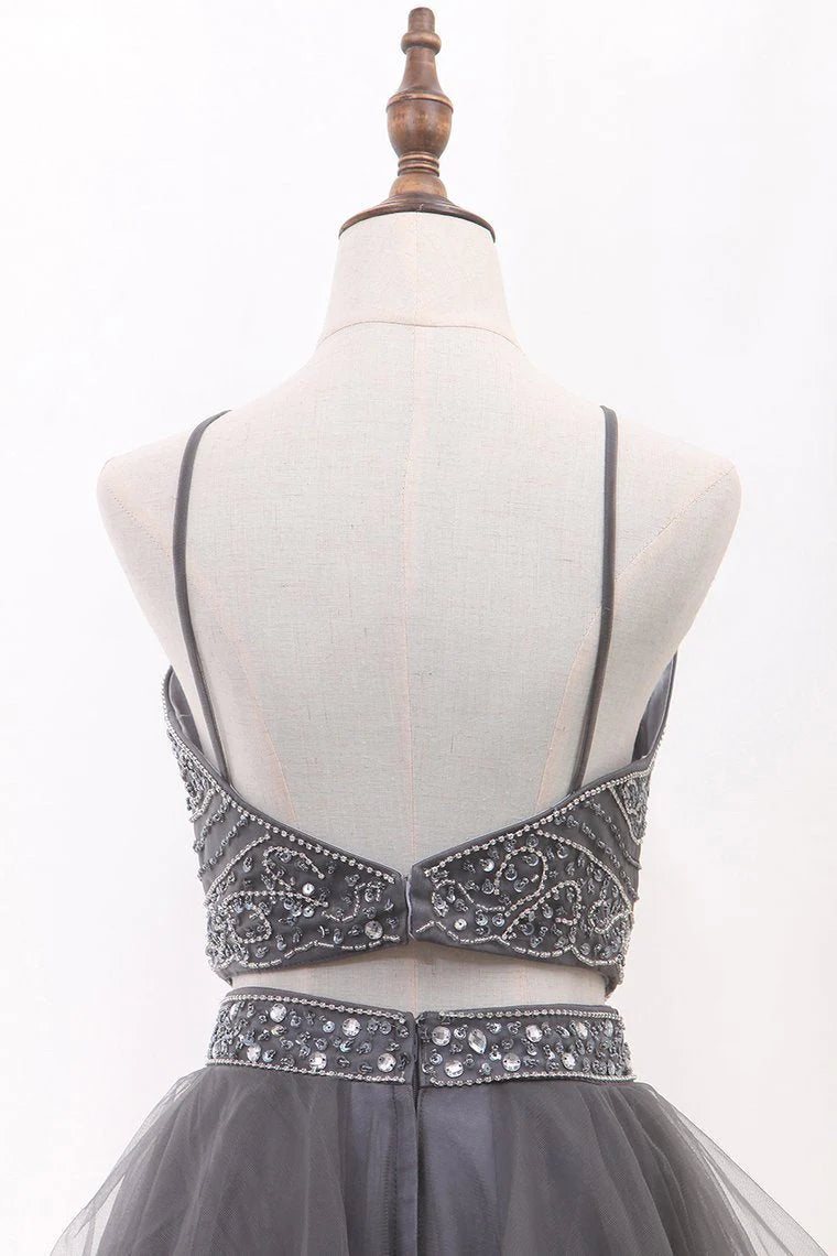 A Line Tulle Spaghetti Straps Two-Piece Prom Dresses With Beads