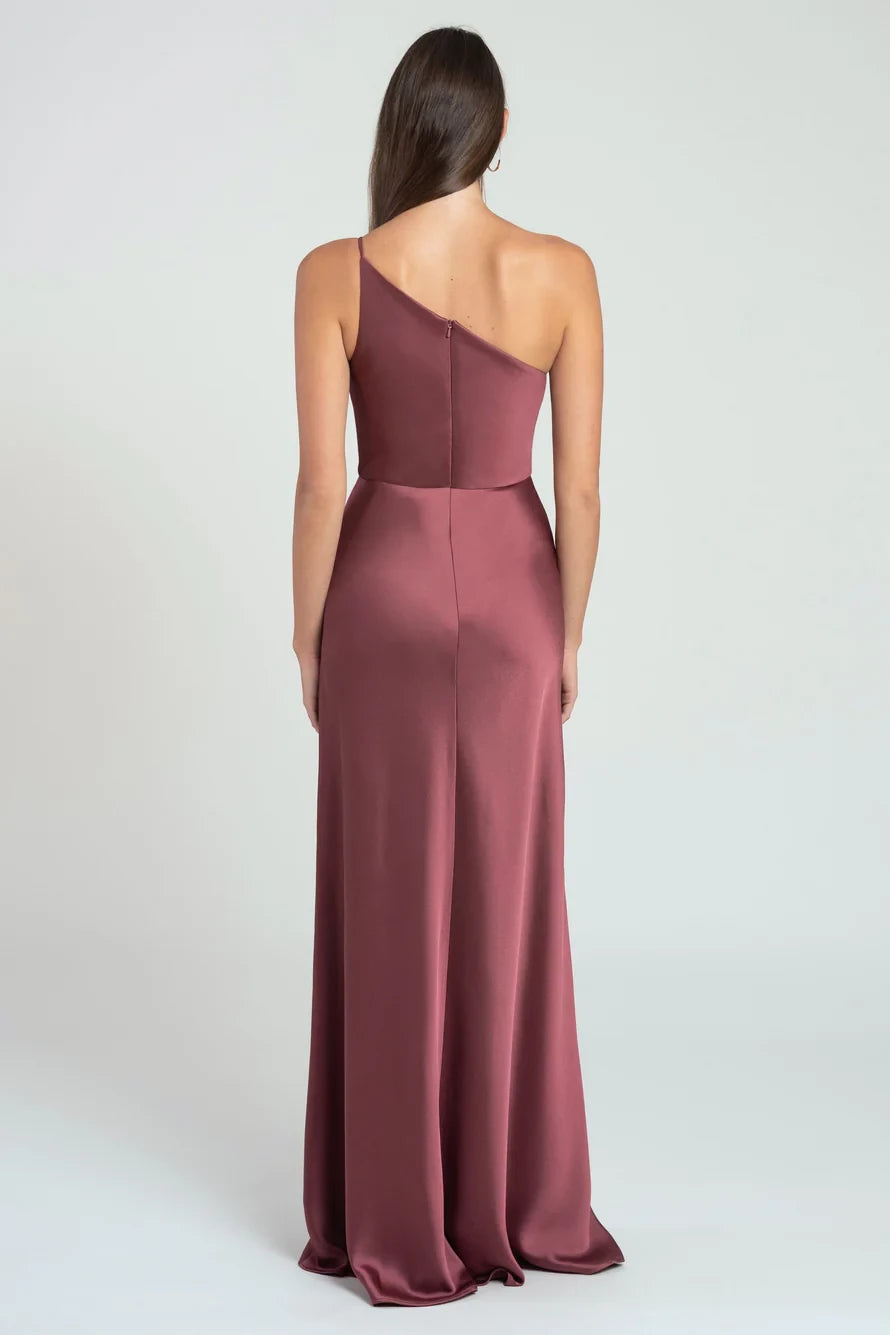 Asymmetric collar off shoulder sleeveless backless and floor length evening dress