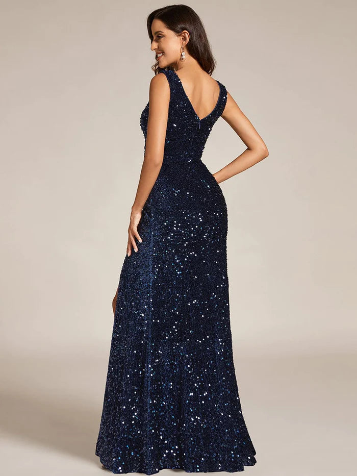 Robe de soirée moulante à paillettes, col en V, sans manches, fente haute sur le devant
