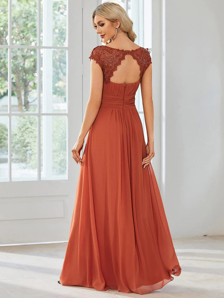 Classic Maxi Long Lace Cap Sleeve Bridesmaid Dress