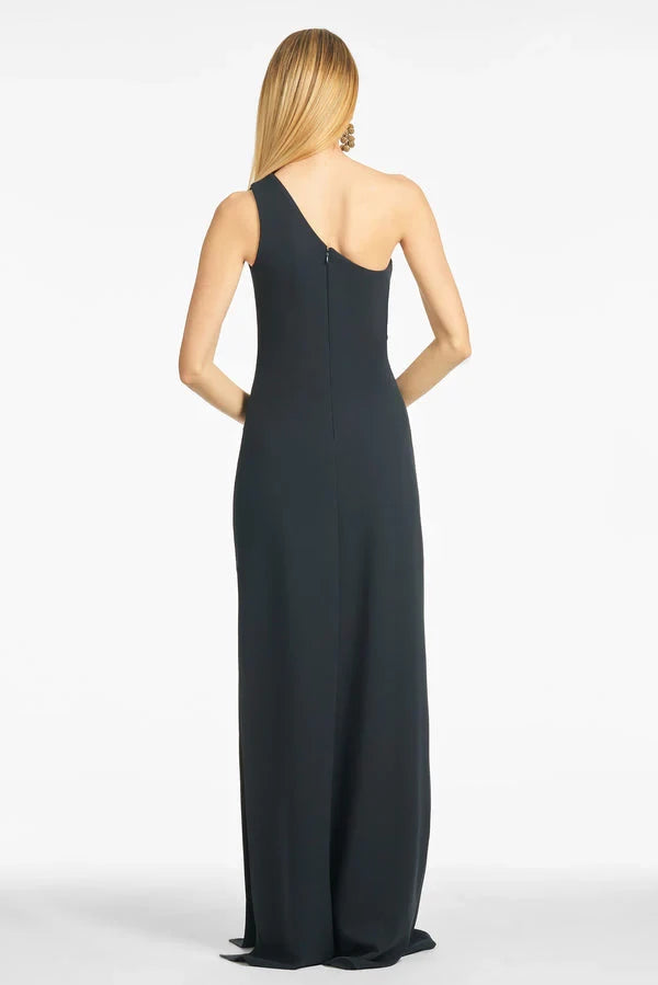 Elegant Black One-Shoulder Neck Sleeveless Back Zip Ruched Slit Floor-Length Evening Dress