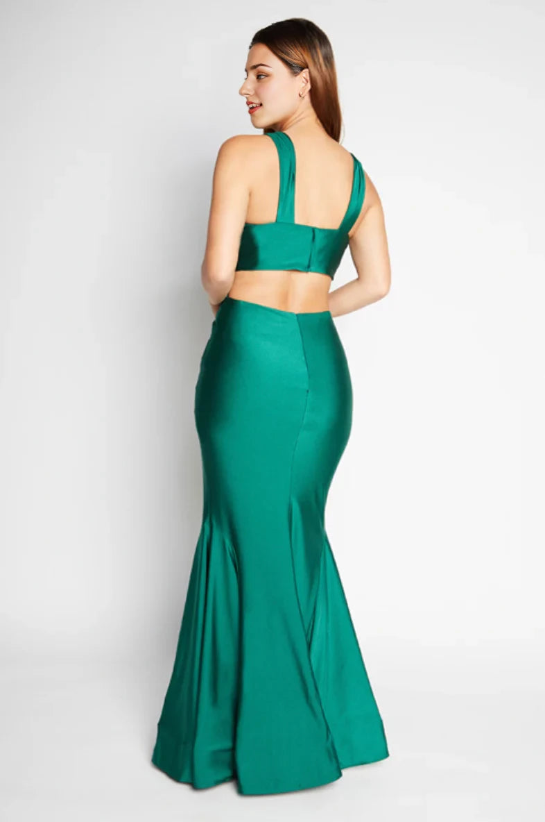 Elegant Emerald Green V-Neck Sleeveless Cutout Mermaid Satin Floor-Length Evening Dress