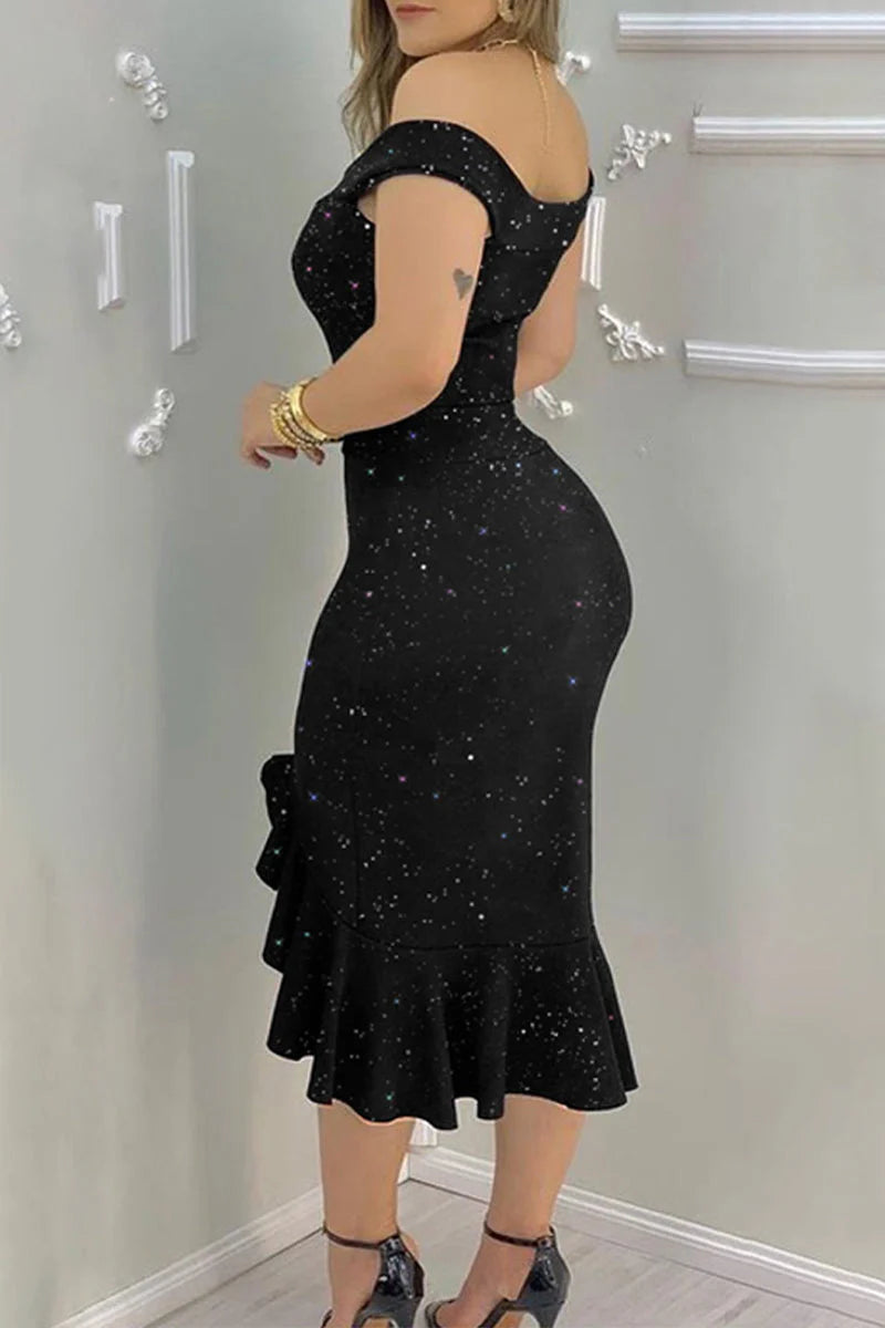 Glamorous Black Sequin Off-the-Shoulder Mermaid Ruffled High-Slit Midi Evening Dress