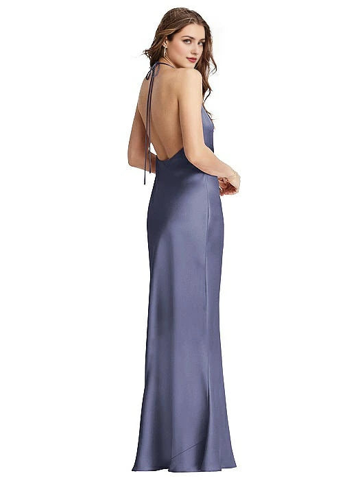 Hanging neck collar sleeveless thin shoulder strap backless and floor length Prom dress