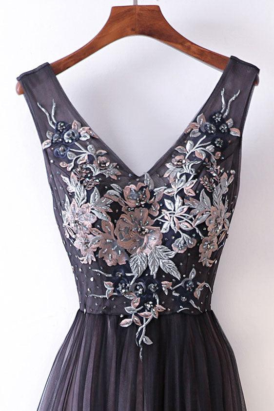 Mature long ball dress with V-neck shoulder strap and A-line embroidery backless gray prom dress