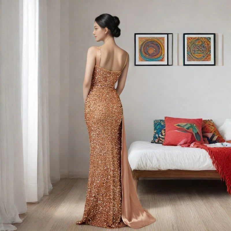 Luxe Rose Gold Sequin Spaghetti-Strap Drape-Train Mermaid Evening Dress