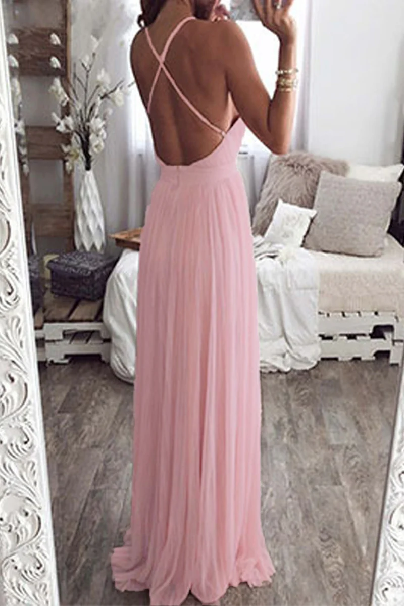 Romantic Blush Pink Chiffon Plunging V-Neck Crisscross-Back A-Line Maxi Evening Dress