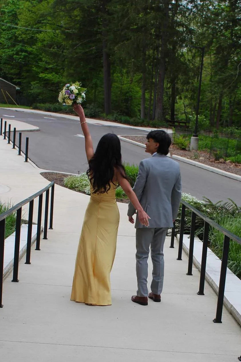 Satin Strapless Twist-Front Cutout Bodice Maxi-Length Yellow Glamorous Formal Evening Dress