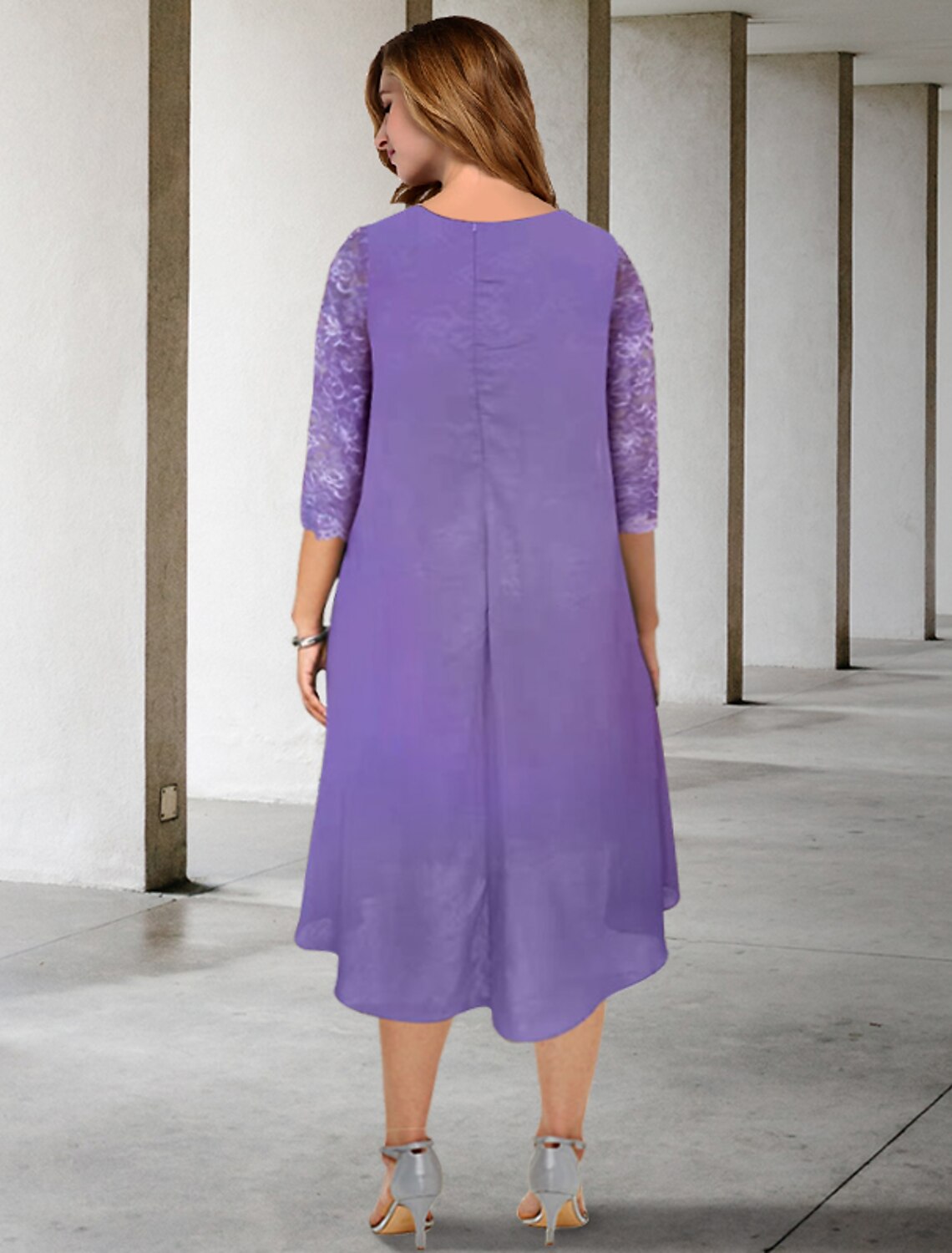 Robe de mère de la mariée trapèze grande taille, robe élégante, cache-ventre, longueur genou, manches mi-longues, épaules dénudées, en mousseline de soie avec appliques