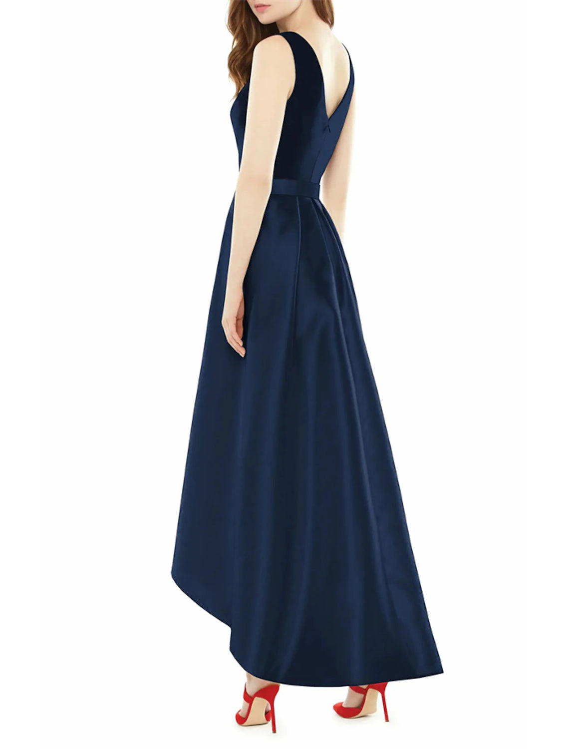 A-Linien-Kleid für Hochzeitsgäste, elegantes Kleid für Hochzeitsfeiern, halbformell, asymmetrisch, ärmellos, V-Ausschnitt, Tasche, Satin mit Fransen