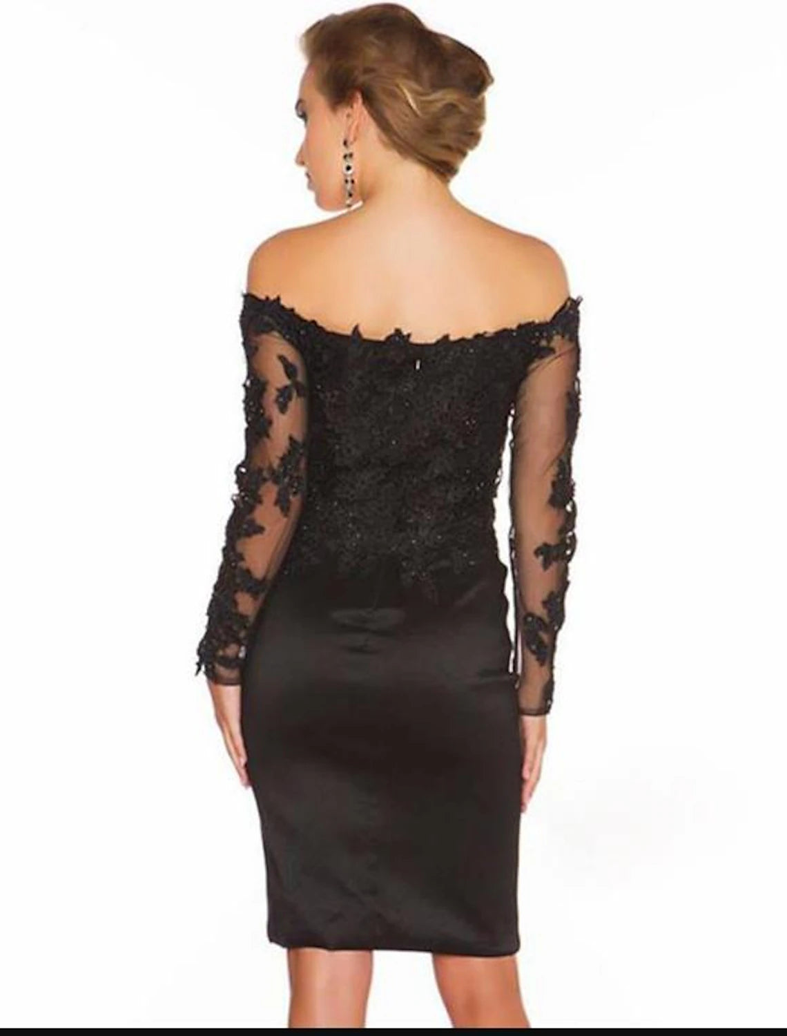 Robe de cocktail sirène/trompette, robe de soirée, robe de cocktail, longueur genou, manches courtes, col licou, satin italien, dos nu, avec applications, couleur pure