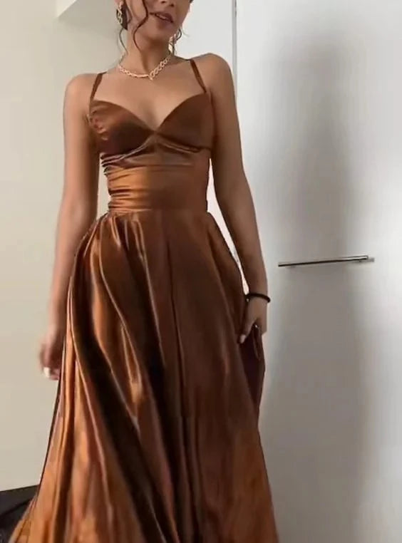 Brown Satin A-Line Sweetheart Crisscross Back Long Evening Dress – YiDiBang Dresses