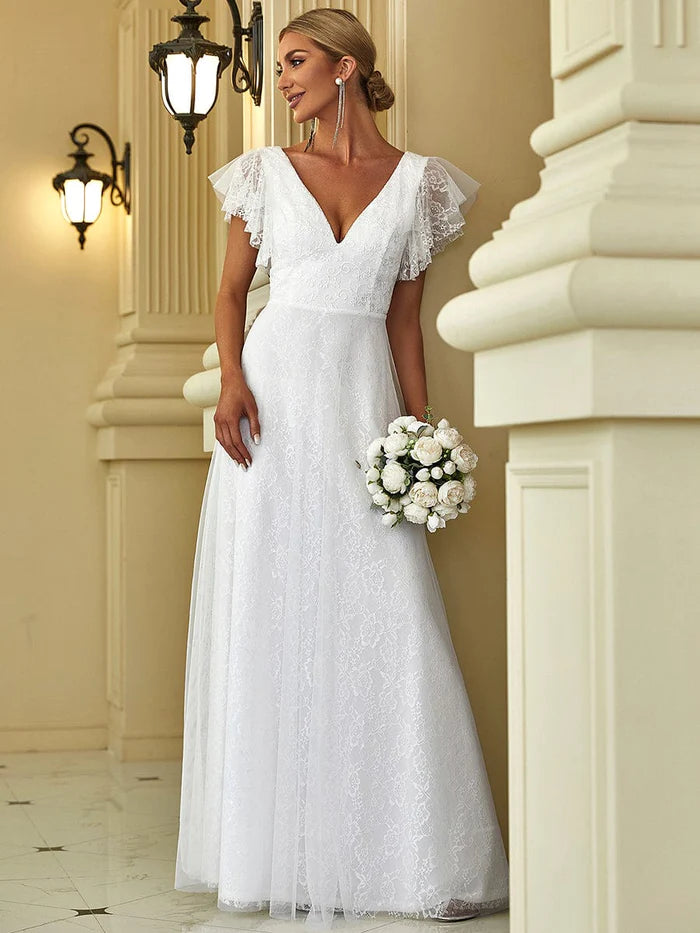 elegant maxi lace elopement wedding dress with ruffle sleeves reviews Margot Bell Sleeve Wedding Dress