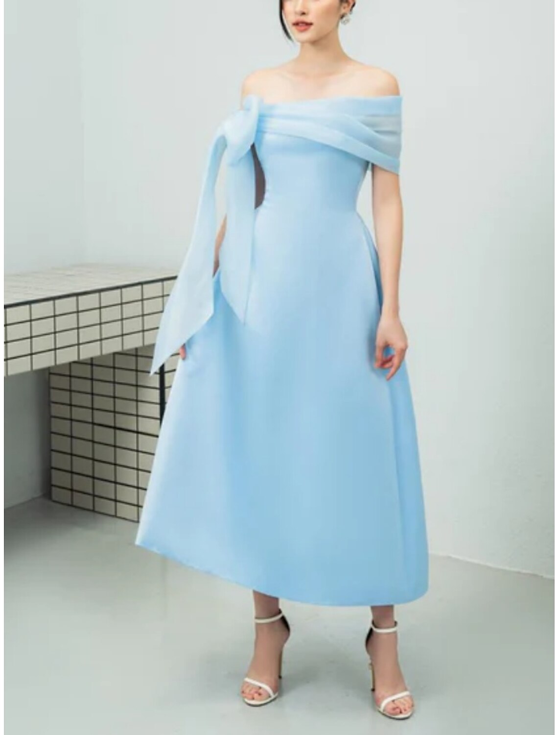 A-Line Evening Gown Elegant Dress Formal Ankle Length Short Sleeve Off Shoulder Imitation Silk with Bow(s) Pleats