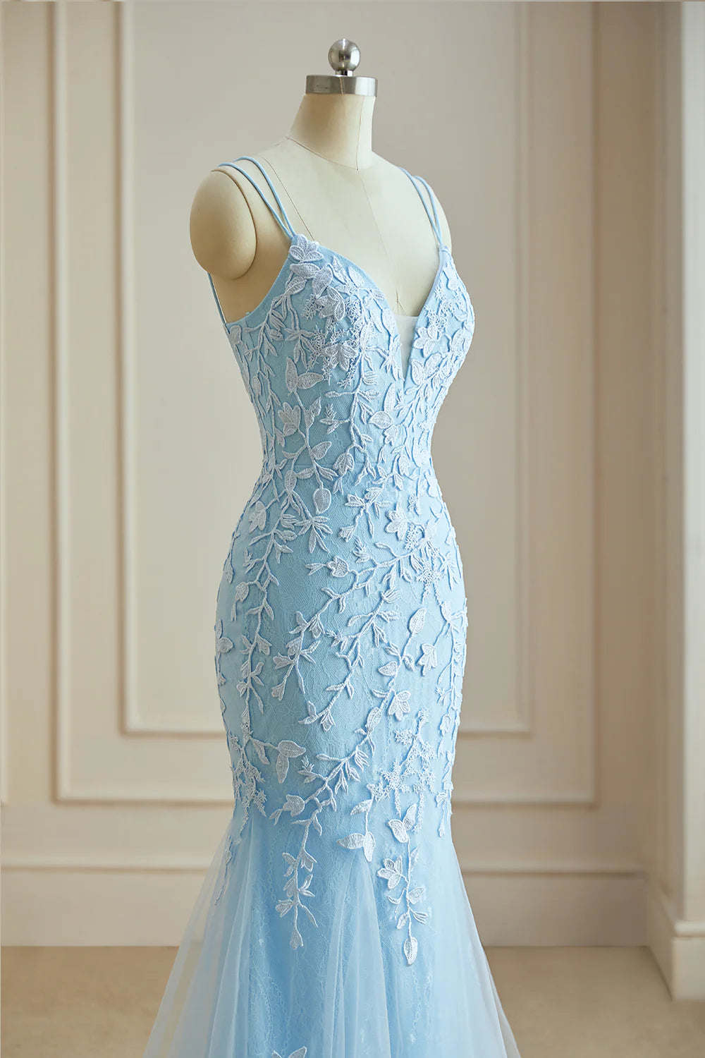 Mermaid Spaghetti Straps Lace Appliques Prom Dresses Long Formal Dress