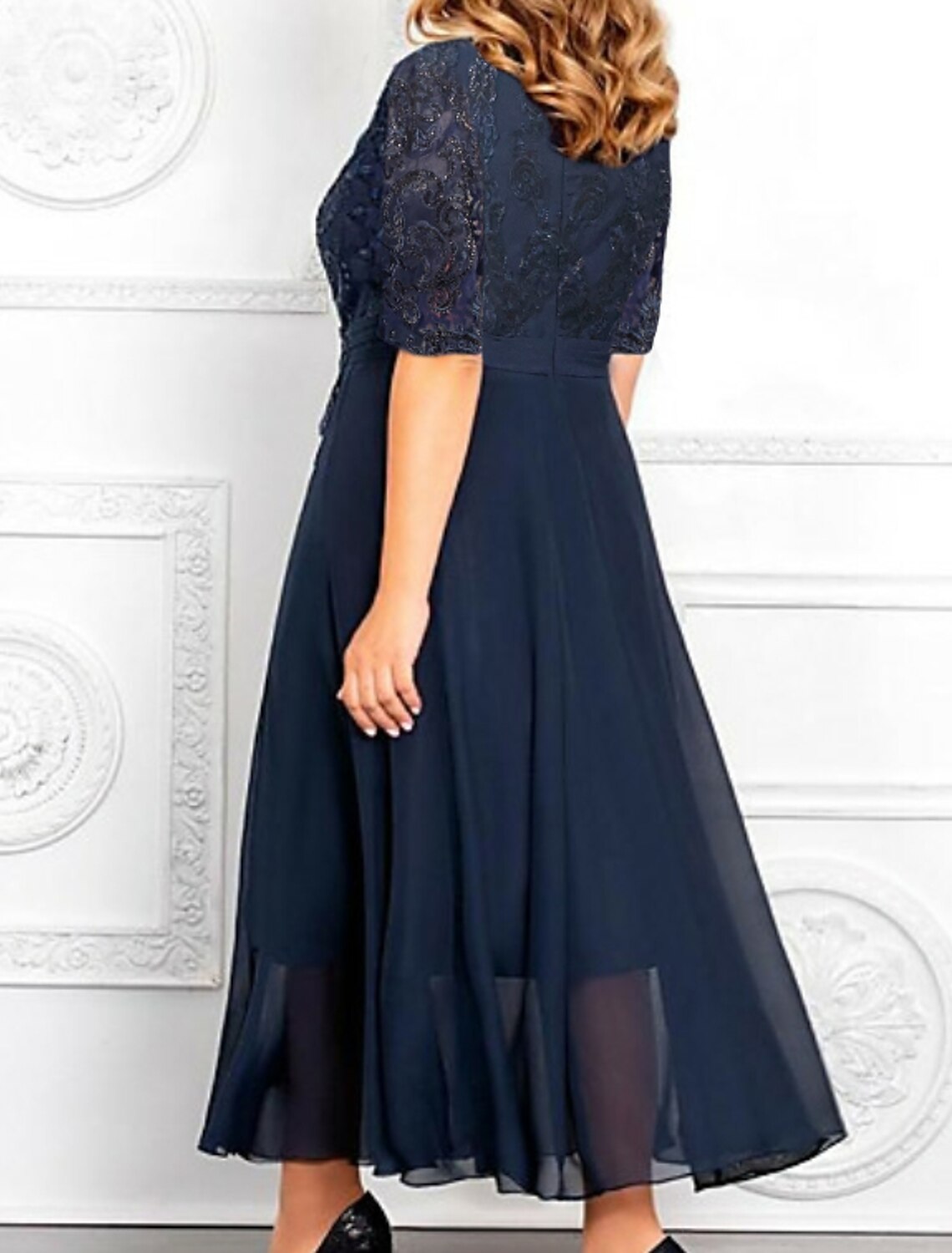 A-Linien-Kleid für die Brautmutter, Übergröße, elegant, V-Ausschnitt, knöchellang, Chiffon, Pailletten, halbe Ärmel mit Applikationen