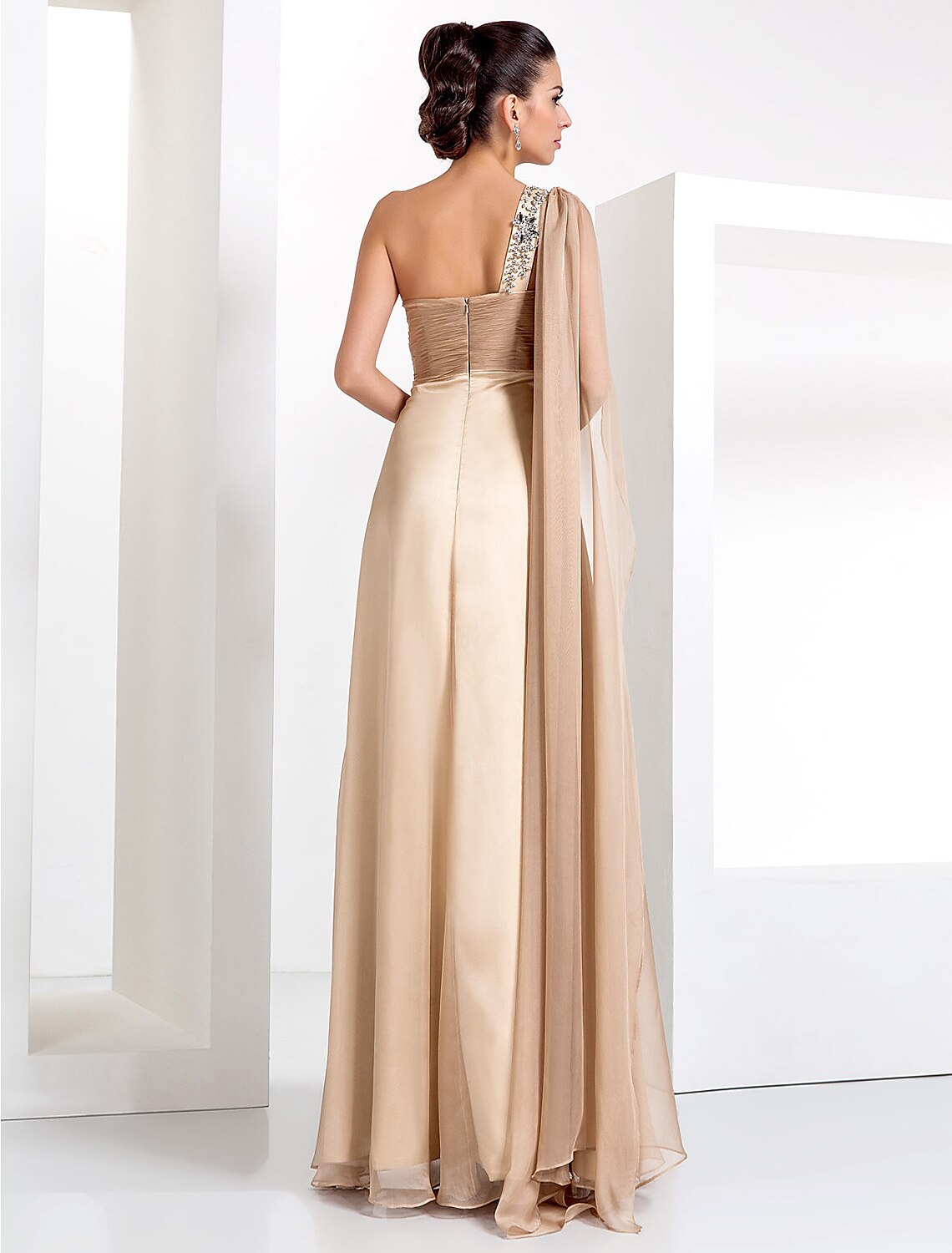 Etuikleid/Säulenkleid, elegantes Abendkleid mit schwarzer Krawatte, Galakleid, eine Schulter, ärmellos, bodenlang, Chiffon mit überkreuzten Kristallen