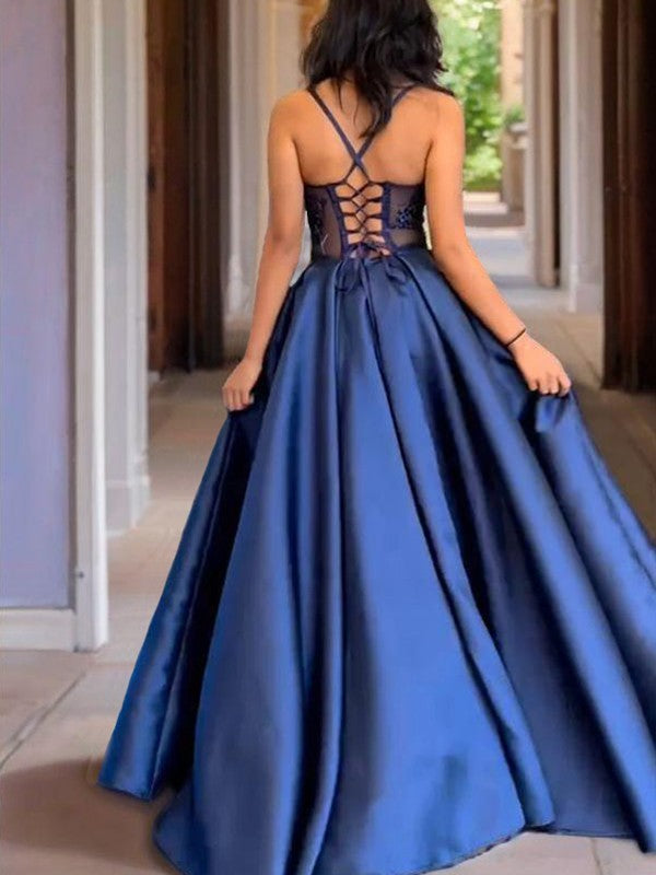 Elegant A-line V-neck lace decal satin fine shoulder strap with backless strap and floor length evening dress