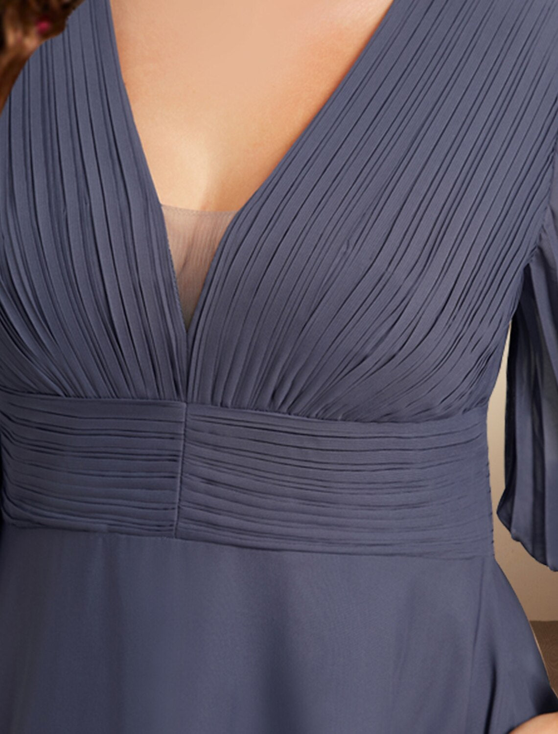 A-Linie Kleider für die Brautmutter, Übergröße, Bauchweg-Kleid, elegantes Kleid, formell, teelang, halbe Ärmel, V-Ausschnitt, Chiffon mit Falten, gerüscht, Herbst