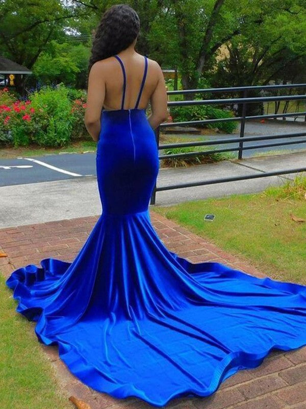 Trumpet/Mermaid Woven Satin Applique V-neck Sleeveless Court Train Dresses