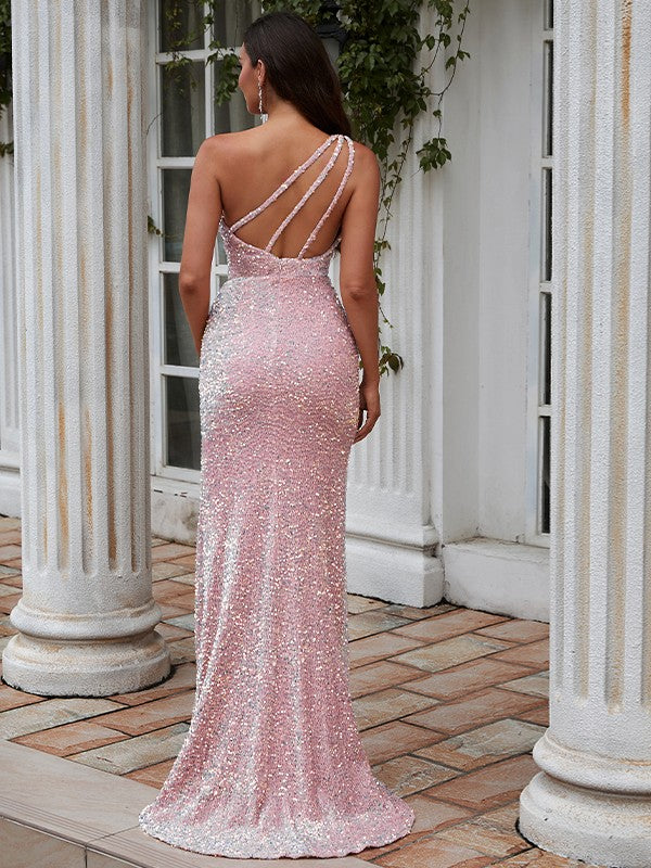 Sheath/Column One-Shoulder Sleeveless Sweep/Brush Train Dresses