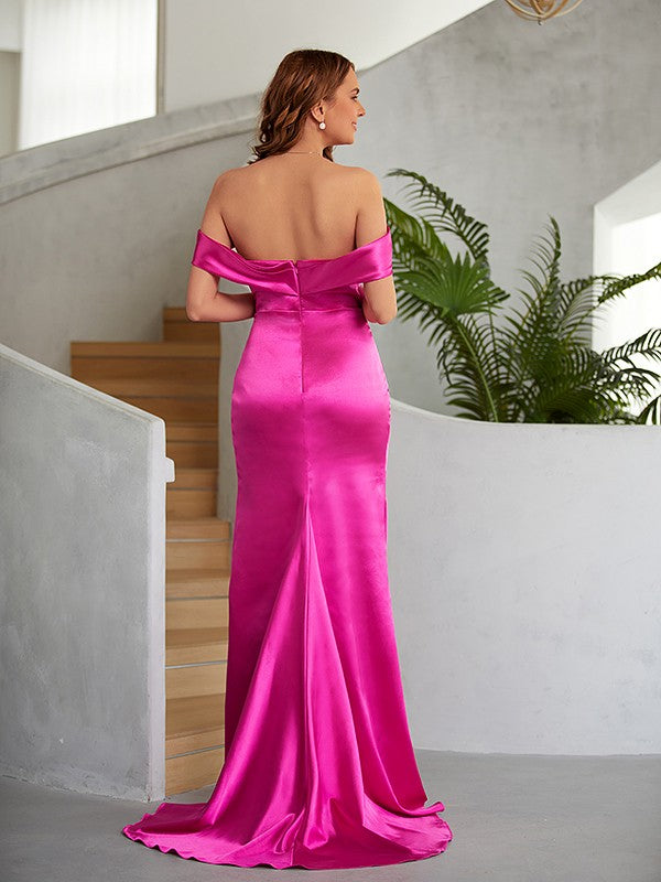 Sheath/Column Woven Satin Ruched Off-the-Shoulder Sleeveless Sweep/Brush Train Dresses