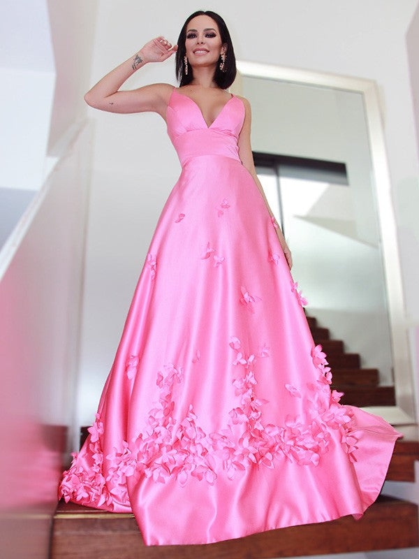 A-Line/Princess V-neck Hand-Made Flower Satin Sleeveless Sweep/Brush Train Dresses