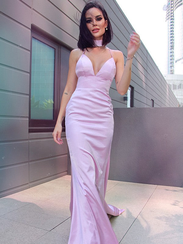 Etui-Linie V-Ausschnitt Ärmellos Sweep/Pinsel zug Satin Rüschen Kleider