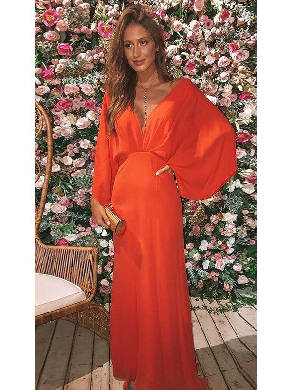 A-Linie/Princess-Linie Chiffon Gerüscht V-Ausschnitt Lange Ärmel Bodenlang Kleid für die Brautmutter