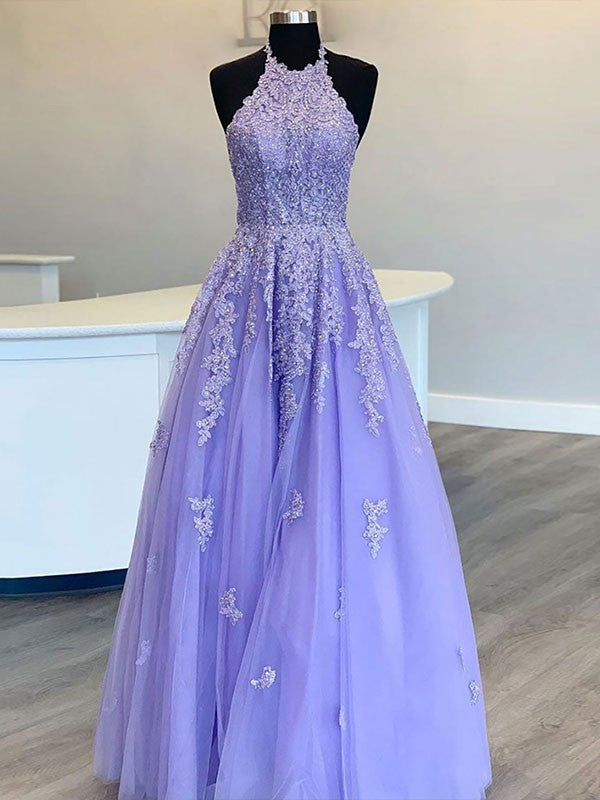 Robe trapèze/princesse en tulle avec appliques, dos nu, sans manches, longueur au sol