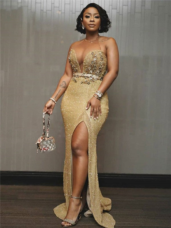 Etui-Linie Perlen verziert Neckholder Ärmellos Sweep/Pinsel zug Kleider