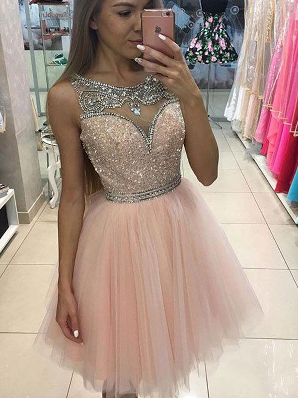 Robe trapèze/princesse sans manches, décolletée, perles, courte/mini en tulle