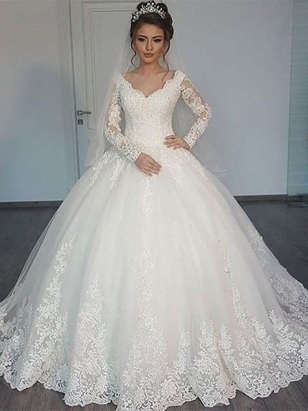 Robe de mariée en tulle, manches longues, longueur au sol, col en V