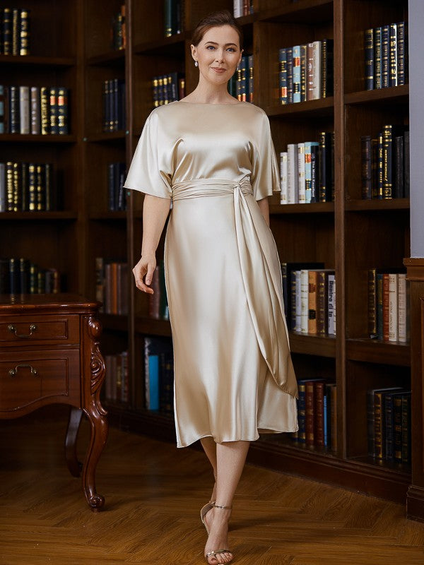 Sheath/Column Woven Satin Ruched Scoop Short Sleeves Tea-Length Mother of the Bride Dresses