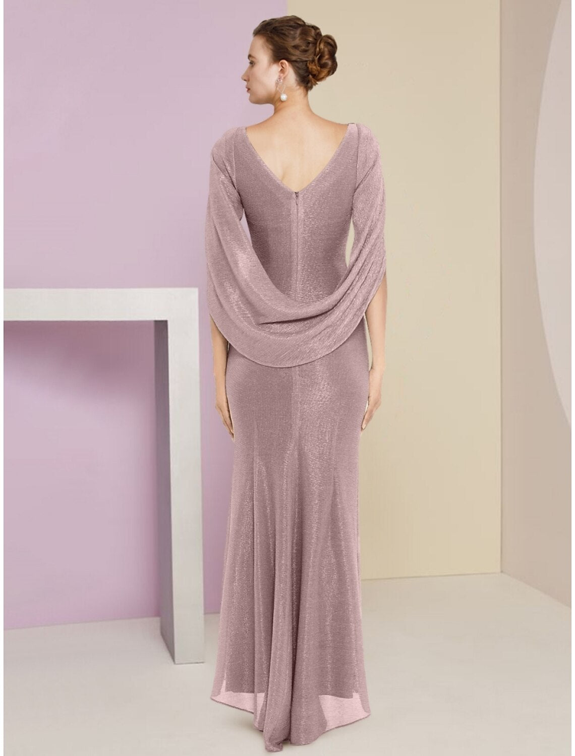 Meerjungfrau/Trompete Kleid für die Brautmutter, Hochzeitsgast, Glitzer und Glanz, elegant, Rundhalsausschnitt, knöchellang, Chiffon, halbe Ärmel, mit Pailletten, Rüschen, einfarbig