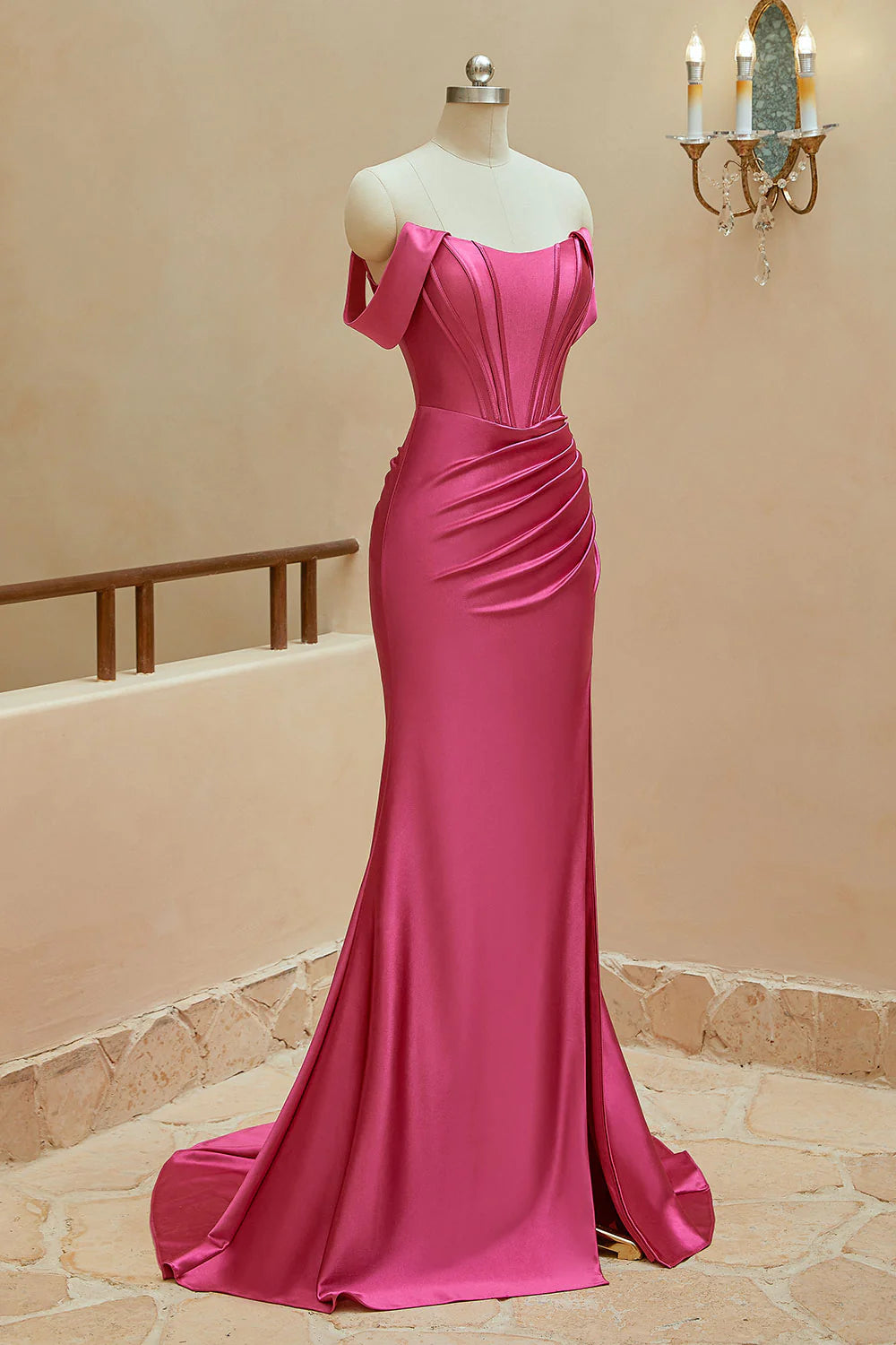 Satin Ballkleider Meerjungfrau Off The Shoulder mit Schlitz 