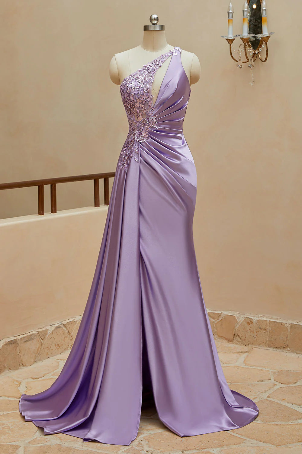 Meerjungfrau Satin One-Shoulder Perlen Ballkleider Sweep Train 