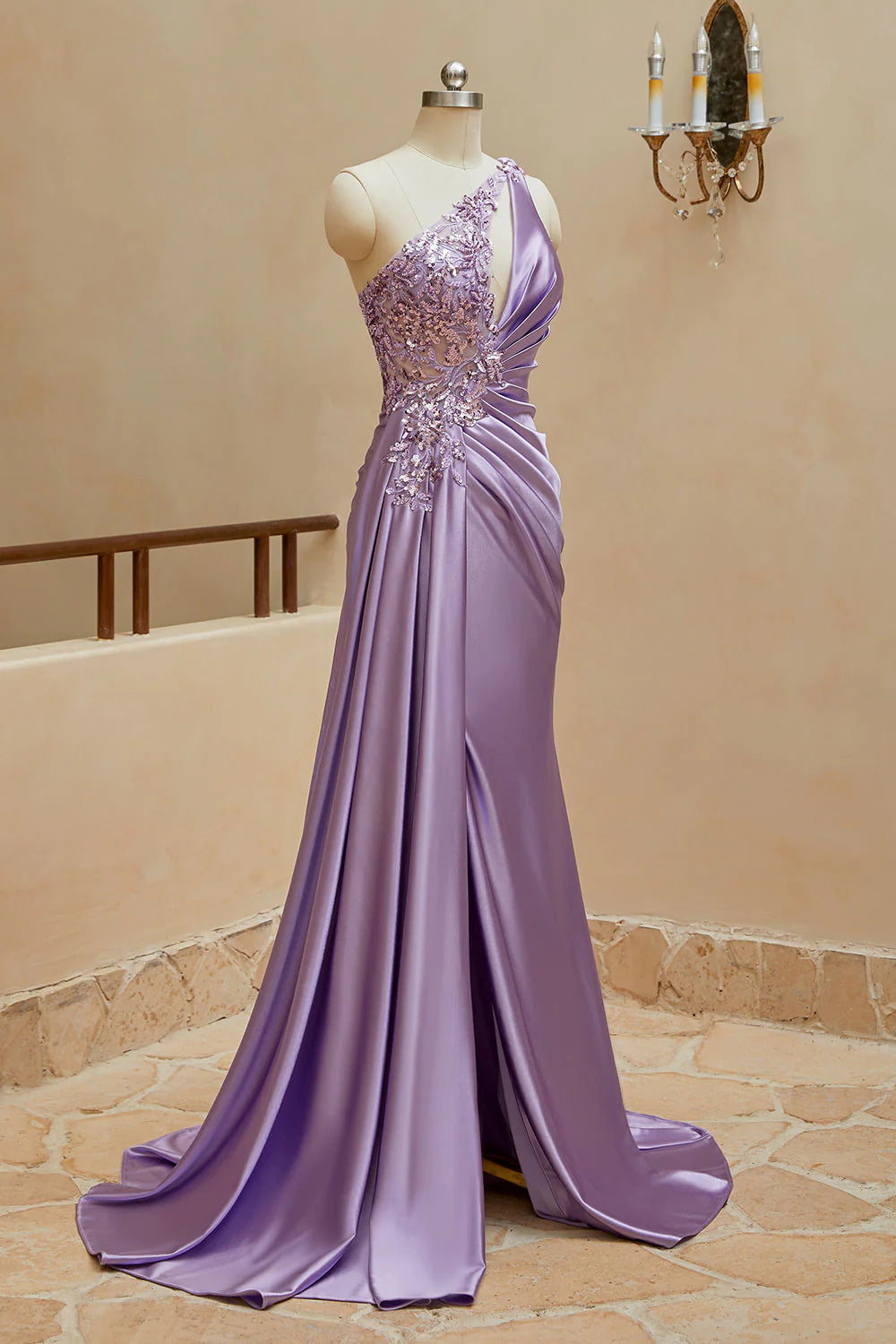 Meerjungfrau Satin One-Shoulder Perlen Ballkleider Sweep Train 