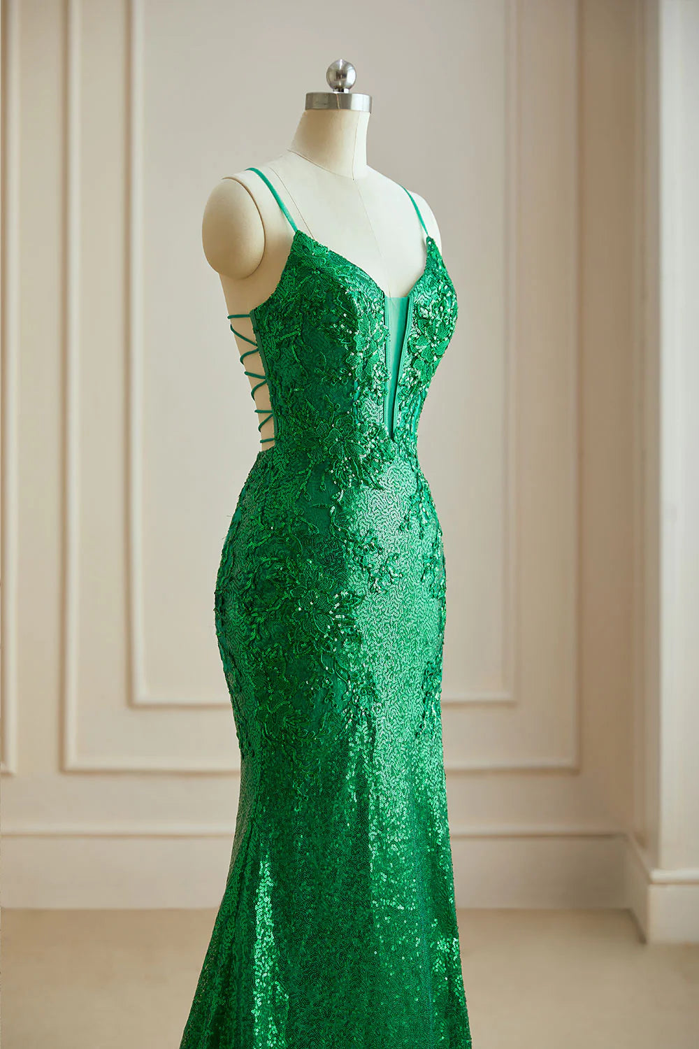 Mermaid Spaghetti Straps V Neck Sequin Slit Prom Dresses with Appliques