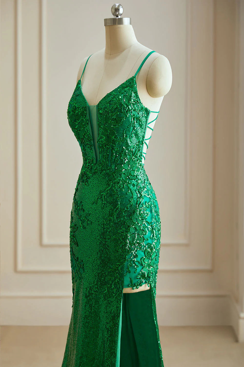 Mermaid Spaghetti Straps V Neck Sequin Slit Prom Dresses with Appliques