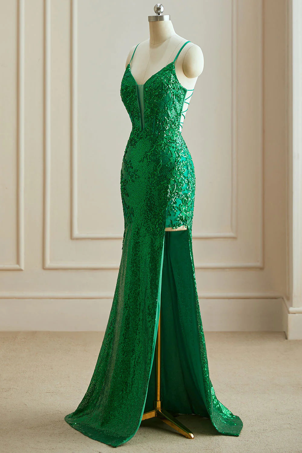 Mermaid Spaghetti Straps V Neck Sequin Slit Prom Dresses with Appliques