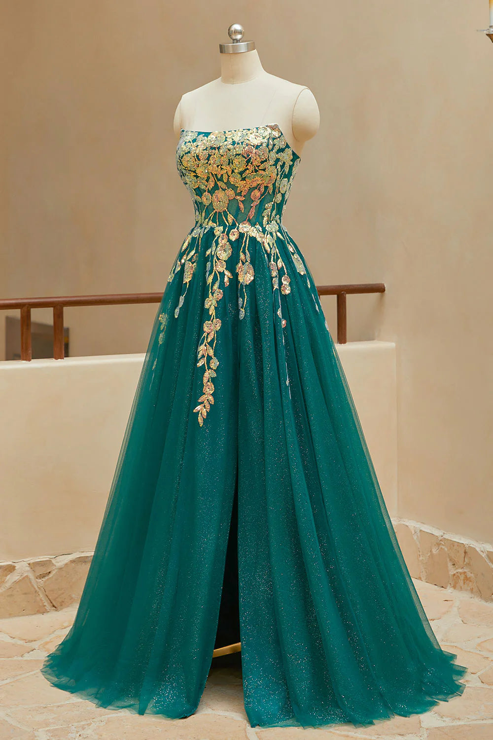 A Line StraplessTulle Slit Prom Dresses with Appliques