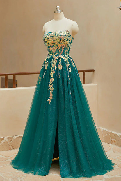 A Line StraplessTulle Slit Prom Dresses with Appliques
