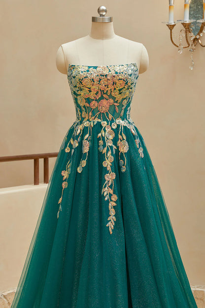 A Line StraplessTulle Slit Prom Dresses with Appliques